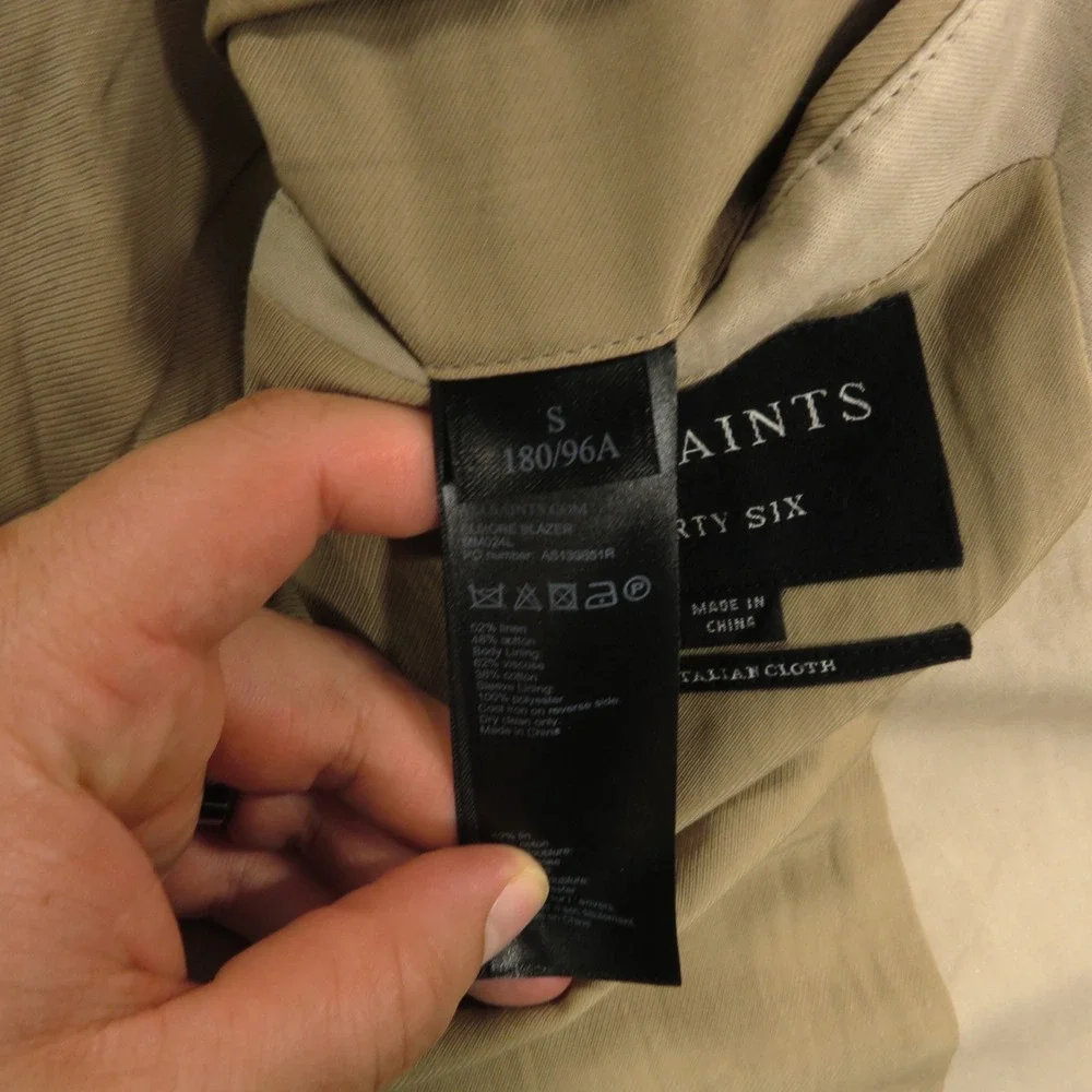 AllSaints Blazer 36R Linen Cotton Double Breasted Surgeon Cuffs Tan Jacket Mens